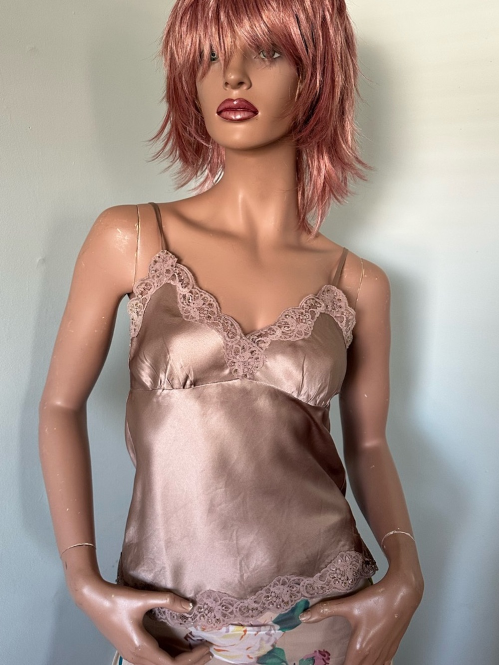 Delicate Silk Satin Beaded Lace Cami in Rose Taupe by Gold Hawk.